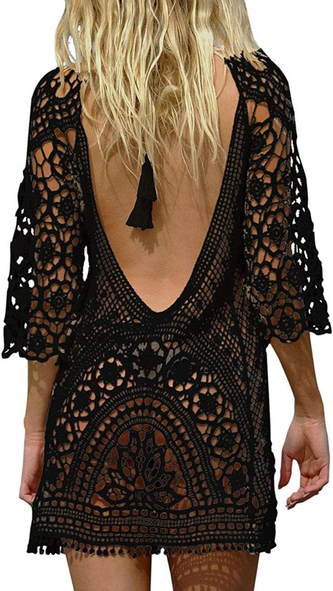 Bikini cover up sexy boho rugvrije kant strandjurk strandponcho zomerjurken, zwart - 1, Eén maat