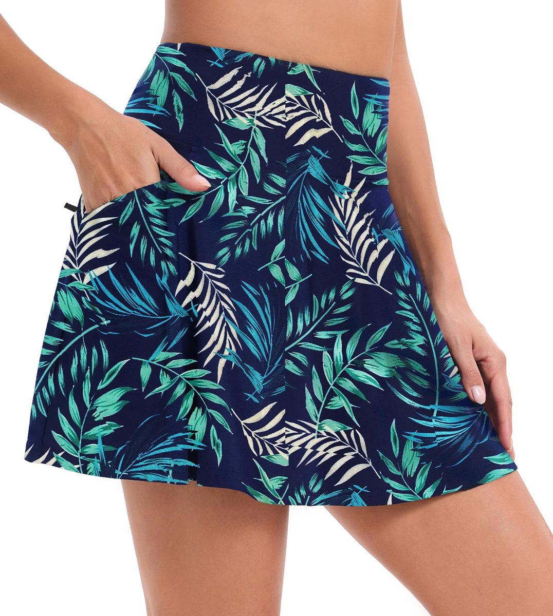 Shorts voor dames, badrok, badmode, bikinirok, hoge taille, broekrok, sportrok, zwemshorts, strandrok met 4 zakken