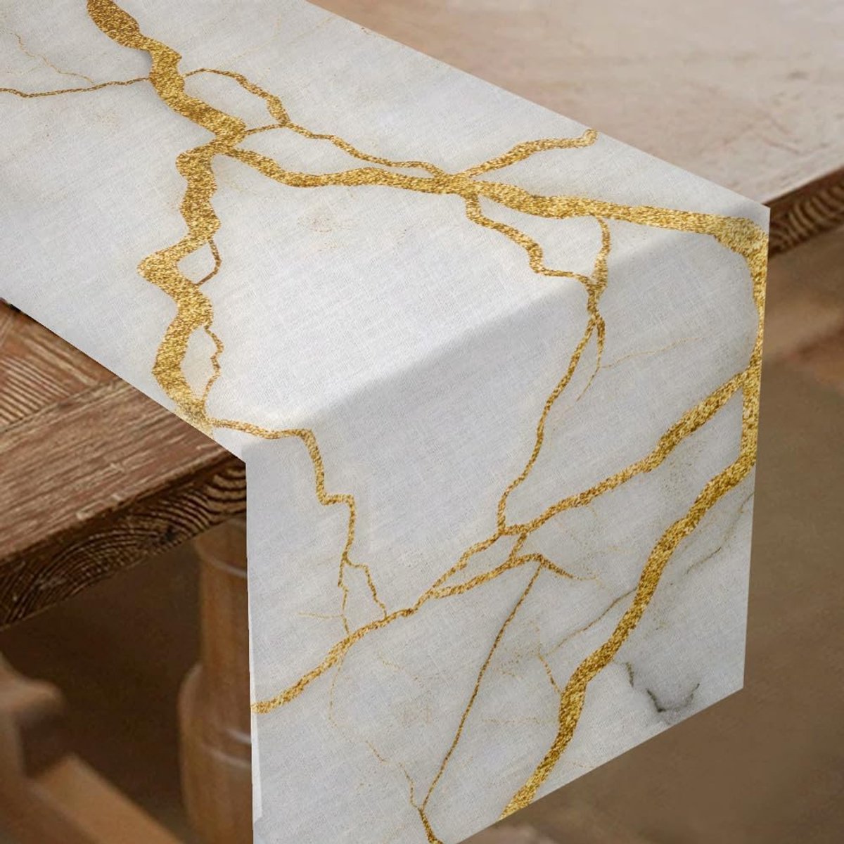 Tafelkleed met marmermotief, goudkleurig, universeel, centrale decoratie voor eetkamer, bruiloft, feest, verjaardag, vakantie, decoratie, 183 x 33 cm