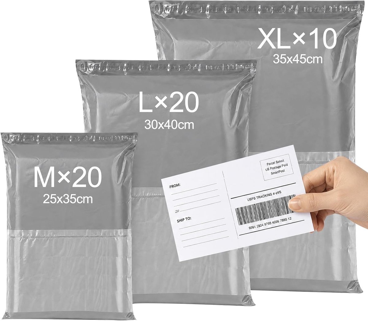 Verzendzakken (50 stuks, 20 M/20 L/10 XL), donkergrijs | Verzendzakken voor kleding, plastic verpakkingszakken, verzendzakken met zelfklevende sluiting