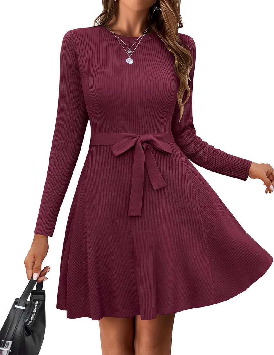 Trui-jurk voor dames, lange mouwen, ronde hals, gebreide jurk, casual A-lijn, winterjurk met riem, elegante jurken, S-XXL