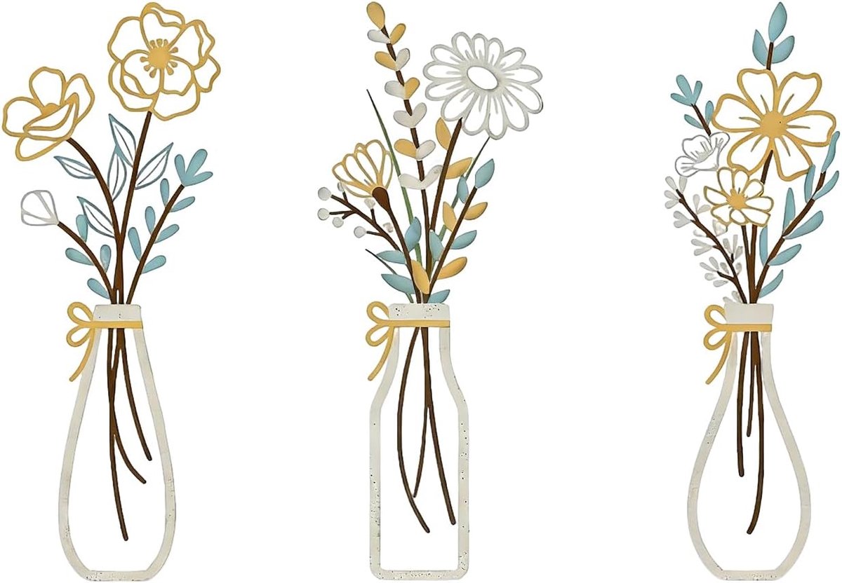 3 stuks metalen bloemen wandsculptuur wanddecoratie, minimalistische vaas muurkunst voor terras woonkamer badkamer slaapkamer eetkamer keuken decoraties (kleur 3)