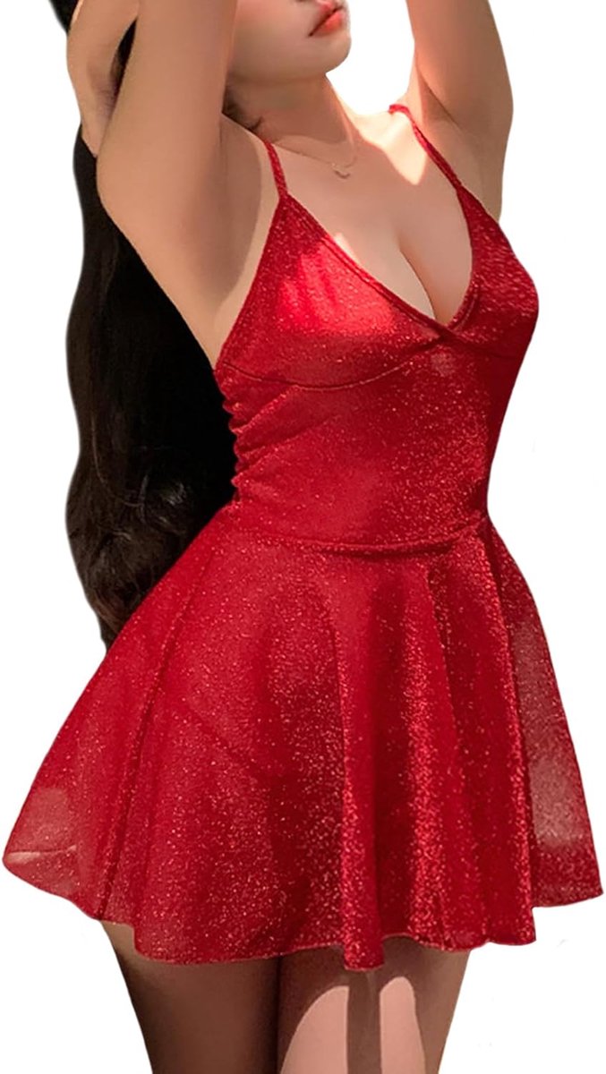 Damesjurk, jarreteljurk, glitter, glanzende tule, avondjurken, diepe V-hals, rugvrij, babydoll, lingerie, spaghetti mini-jurk met ruches, transparante zomerjurk, elegante partyjurk, cocktailjurk