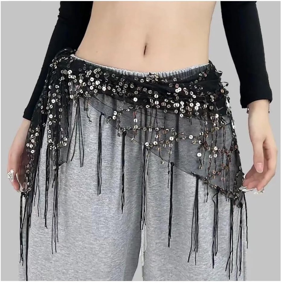 Heupdoek met pailletten riem heupsjaal rok wrap heupdoeken glitter pailletten buikdans kostuum heupdoek accessoires voor vrouwen en meisjes zwart-zilver