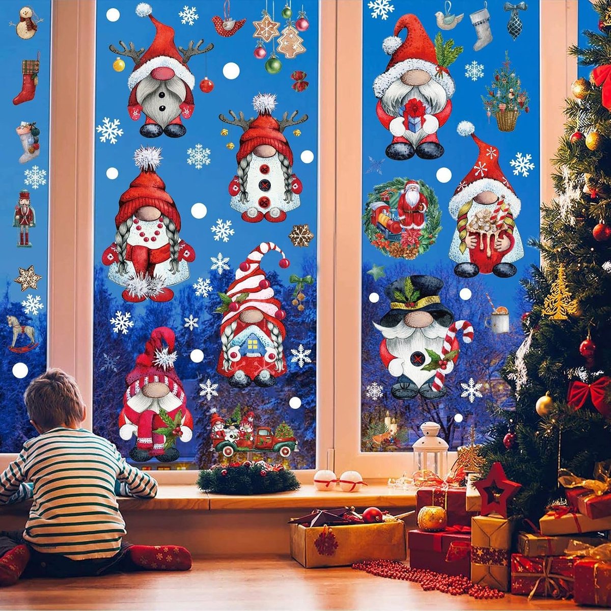 Raamstickers, dubbelzijdig, Kerstmis, raam, slings, boom, dwerg, kerstman, sneeuwvlokken, pvc, statisch, raamstickers voor winter, Kerstmis, raamdecoratie