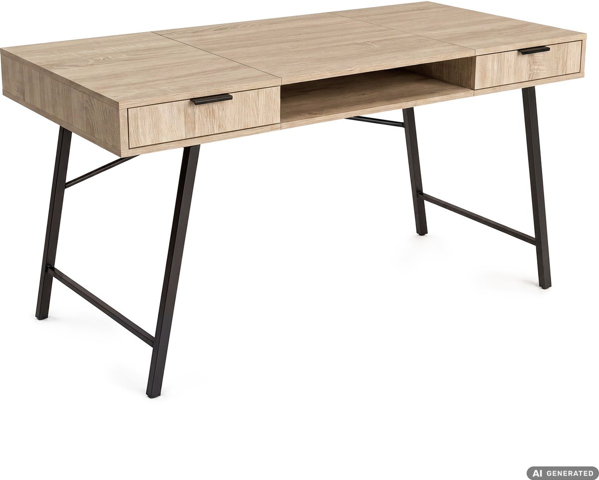 Computertafel Bureau ARDEN / Industrieel / Sonoma Eiken / 120 cm / 2 Lades / 1 Plank / Zwarte Poten