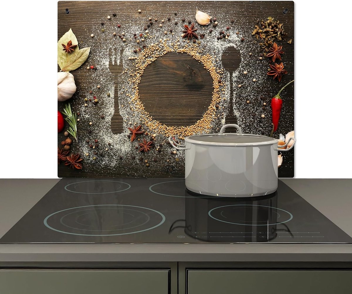 Spatscherm Keuken 52x70 cm Kookplaat Achterwand Beschermer Muur Spatwand Fornuis Aluminium Hittebestendig - Hout - Kruiden - Bestek - Bord