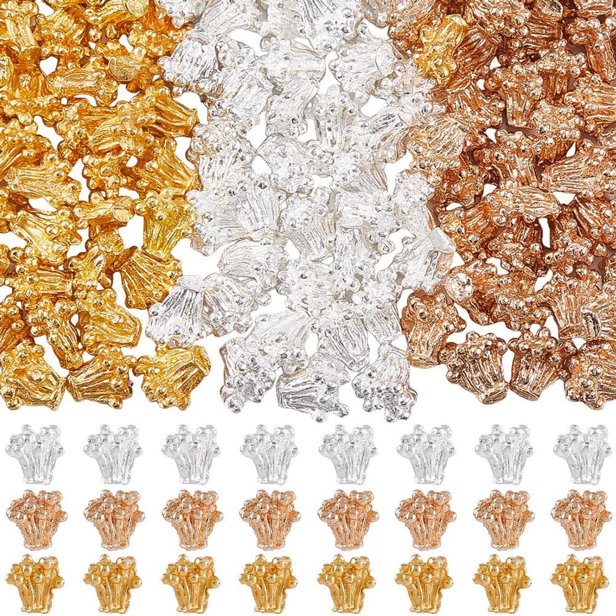 1 doos 150 stuks 3 kleuren metalen bloem kralen bloem meeldraden kralen bulk legering bloemen meeldraden verbinding basis cabochons bedels voor sieraden maken oorbel armband ketting