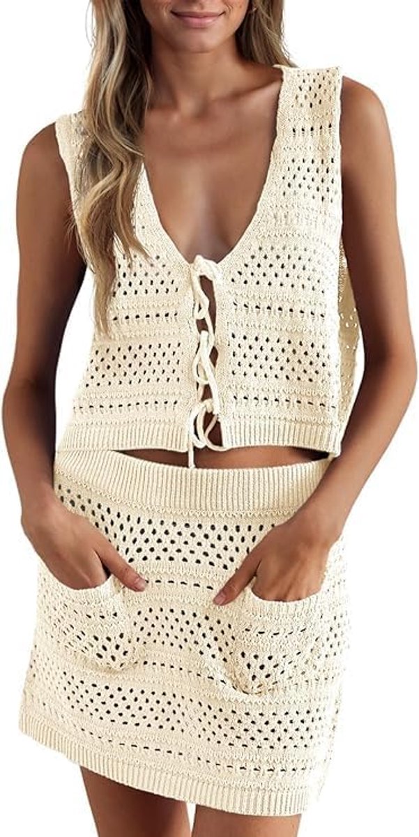Dames bikini cover-up set 2-delig badpak gehaakt mouwloze crop top gebreide rok gehaakte jurk strand badmode gebreide strandjurk crochet cover ups