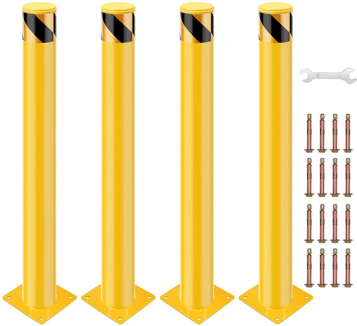 HoerFuriy - 4 Stuks Veiligheidspaal Bollard - Verkeerspaal Met Reflecterende Strip - Inclusief 16 ankerbouten, 1 sleutel en 1 positioneringsplaat- Gele