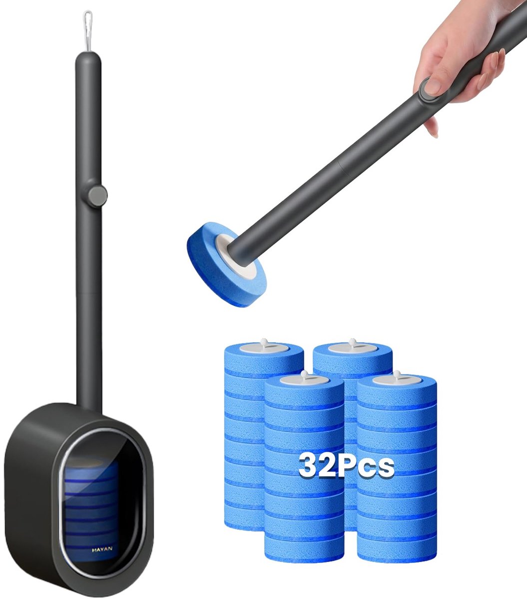 Wegwerp Toiletborstel Set met Wandmontage – Toiletborstel met 32 reinigingspads, WC-borstelgarnituur inclusief houder (Donkergrijze wc-borstel + 32 navullingen)
