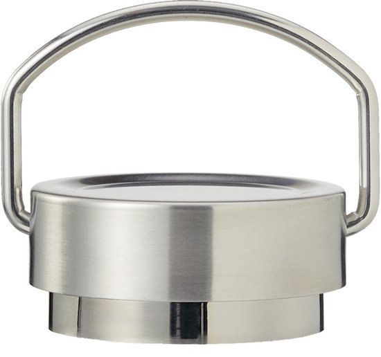 Zilverkleurige metalen dop met draagbeugel voor een thermosfles.