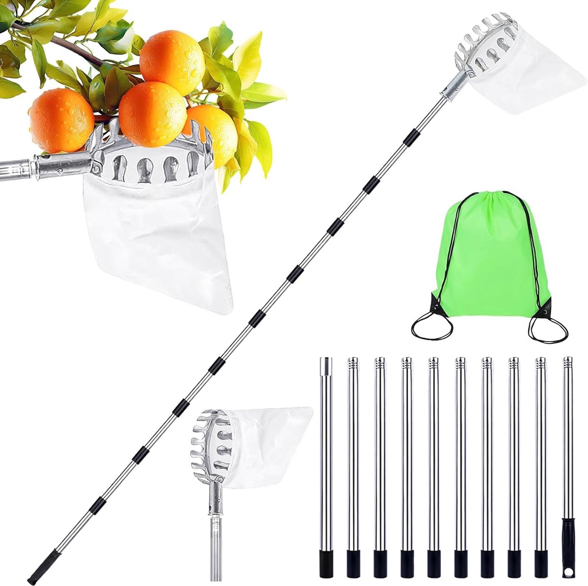 4,65m fruitplukker met telescopische steel, Ø 16cm appelplukker met telescopische steel roestvrij staal kersenplukker met katoenen zak pruimenplukker met verzamelzak plukhulp voor peren citrus