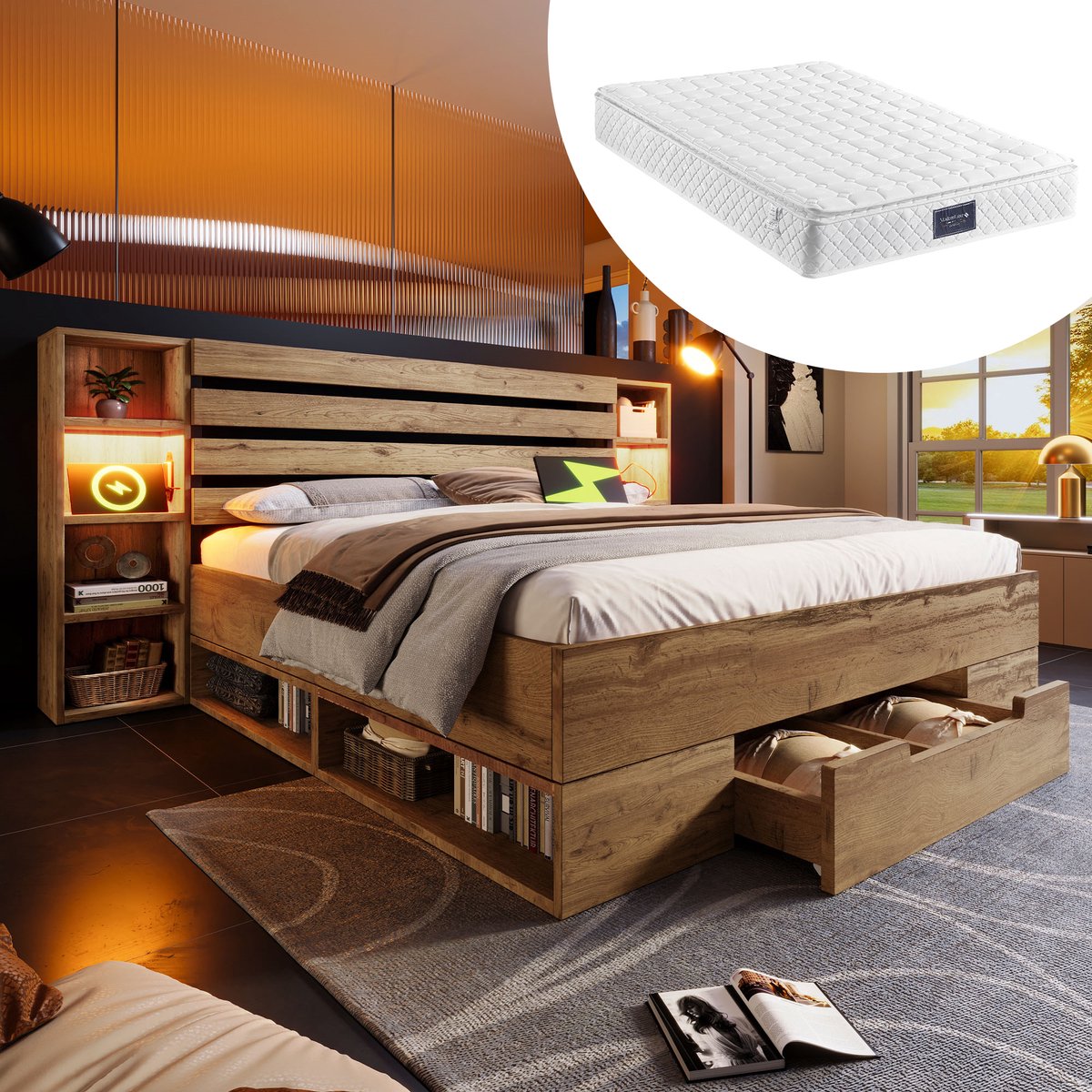 Bedframe - 160x200 Cm - Bed - Met Lattenbodem - Met Opbergruimte - LED - USB C - Eiken - Met Matras