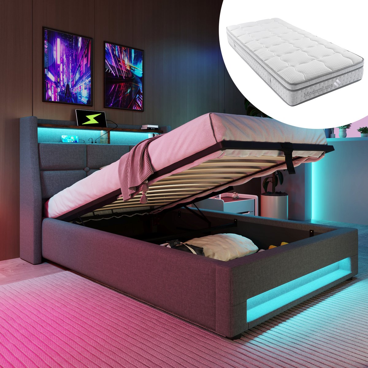 Bedframe - 90x200 Cm - Bed - Met Lattenbodem - LED - USB C - Grijs - Met Matras