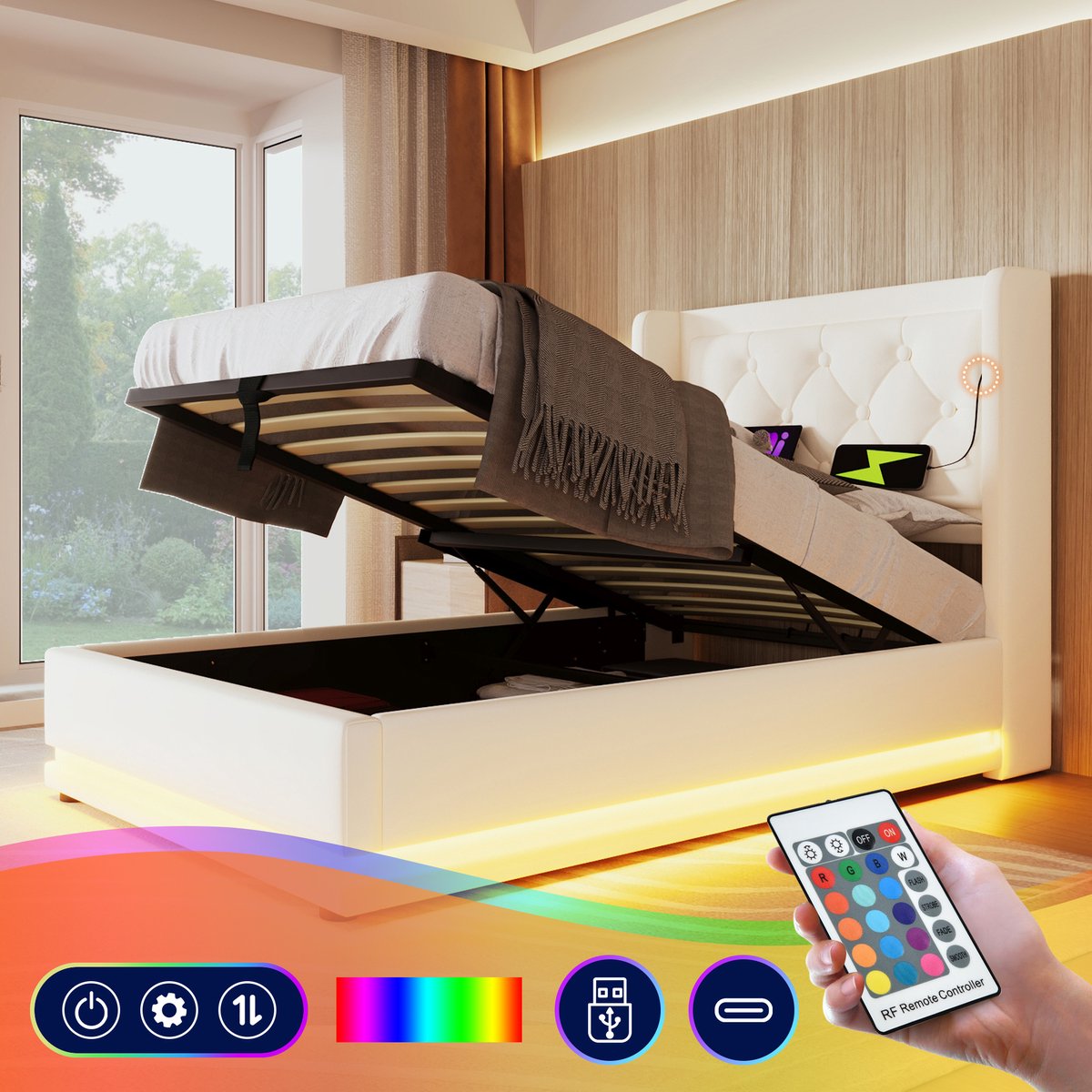 Bedframe - 90x200 Cm - Bed - Met Lattenbodem - Met Opbergruimte - LED - USB C - Wit - Zonder Matras