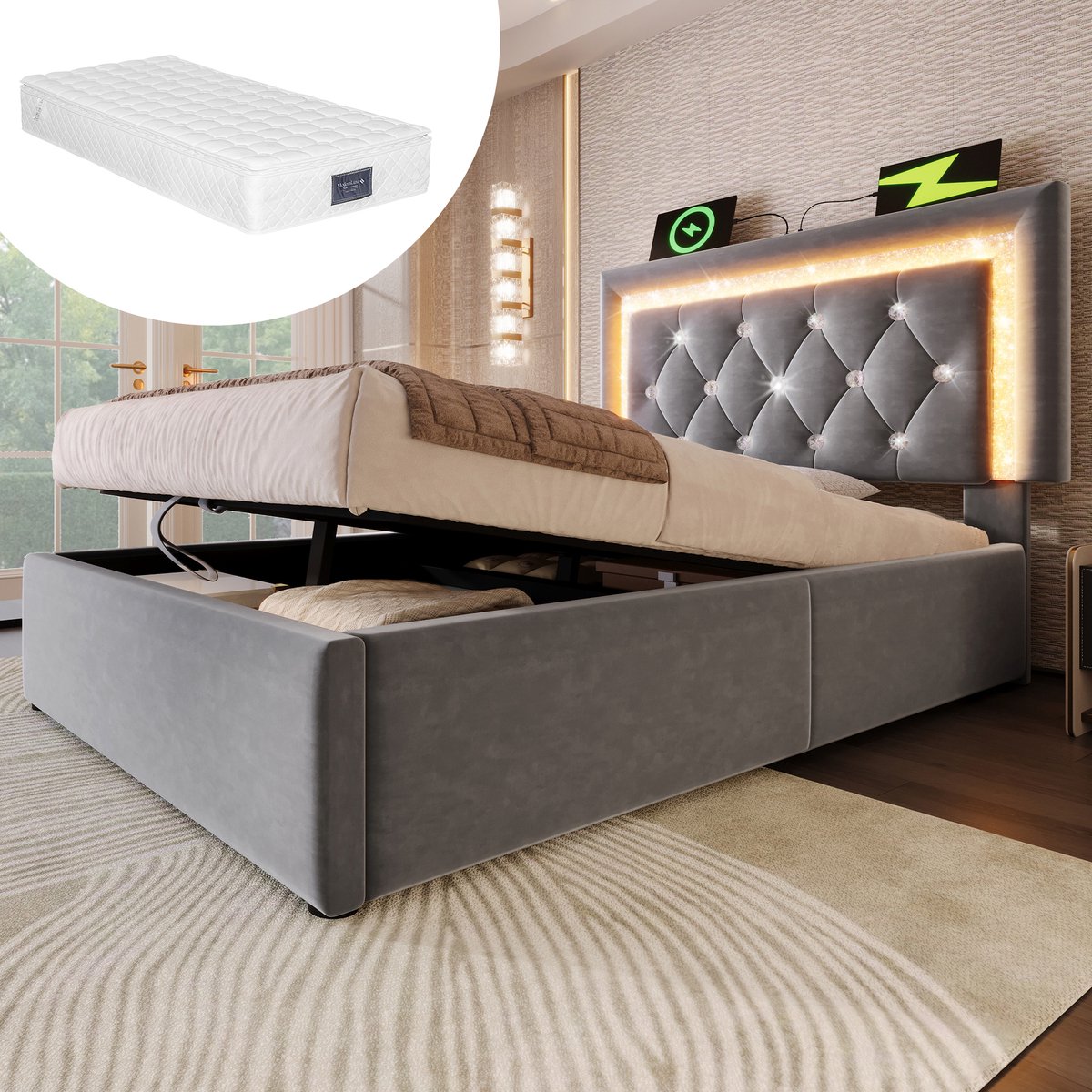 Bedframe - 90x200 Cm - Bed - Met Lattenbodem - Met Opbergruimte - LED - USB C - Grijs - Met Matras