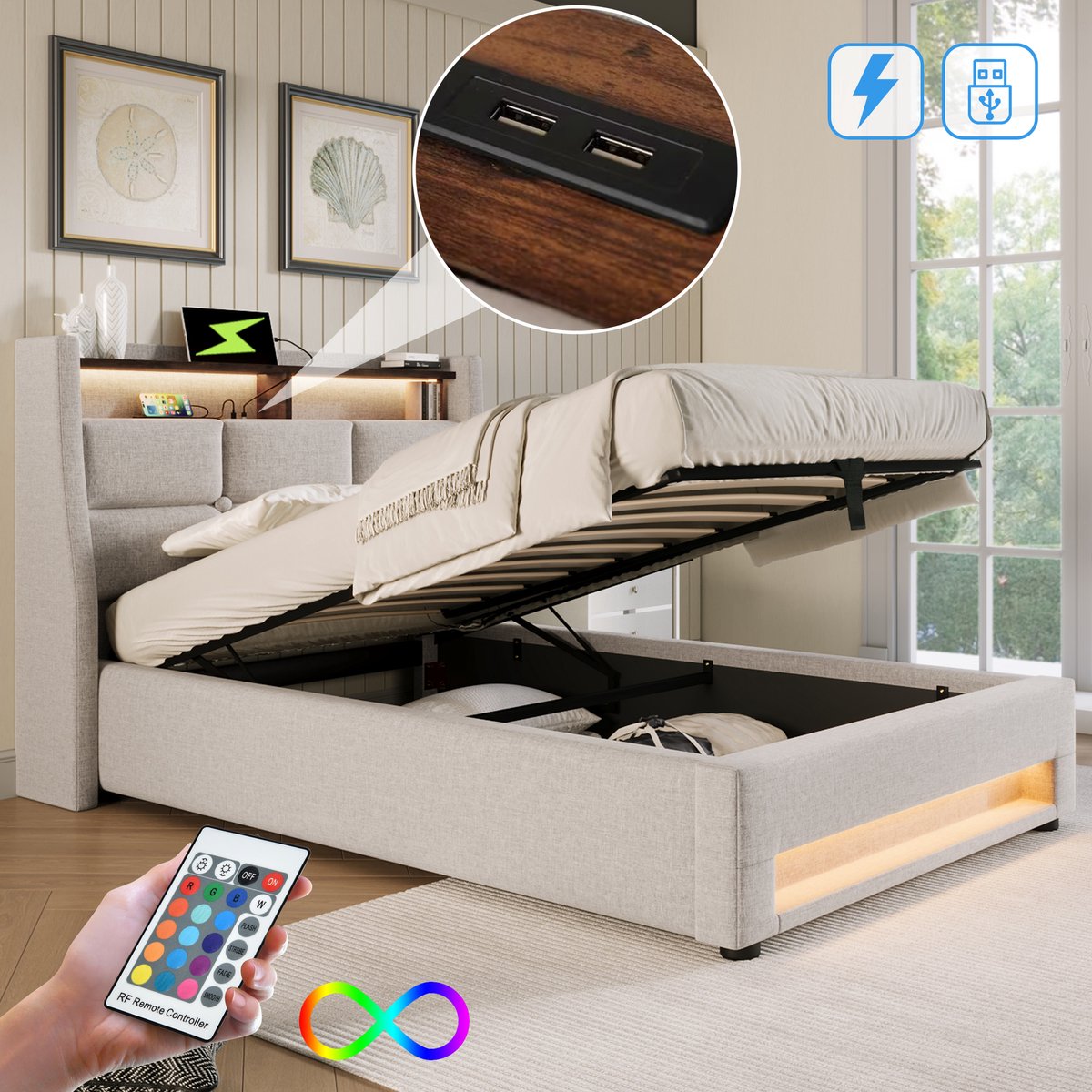 Bedframe - 90x200 Cm - Bed - Met Lattenbodem - LED - USB C - Beige - Zonder Matras