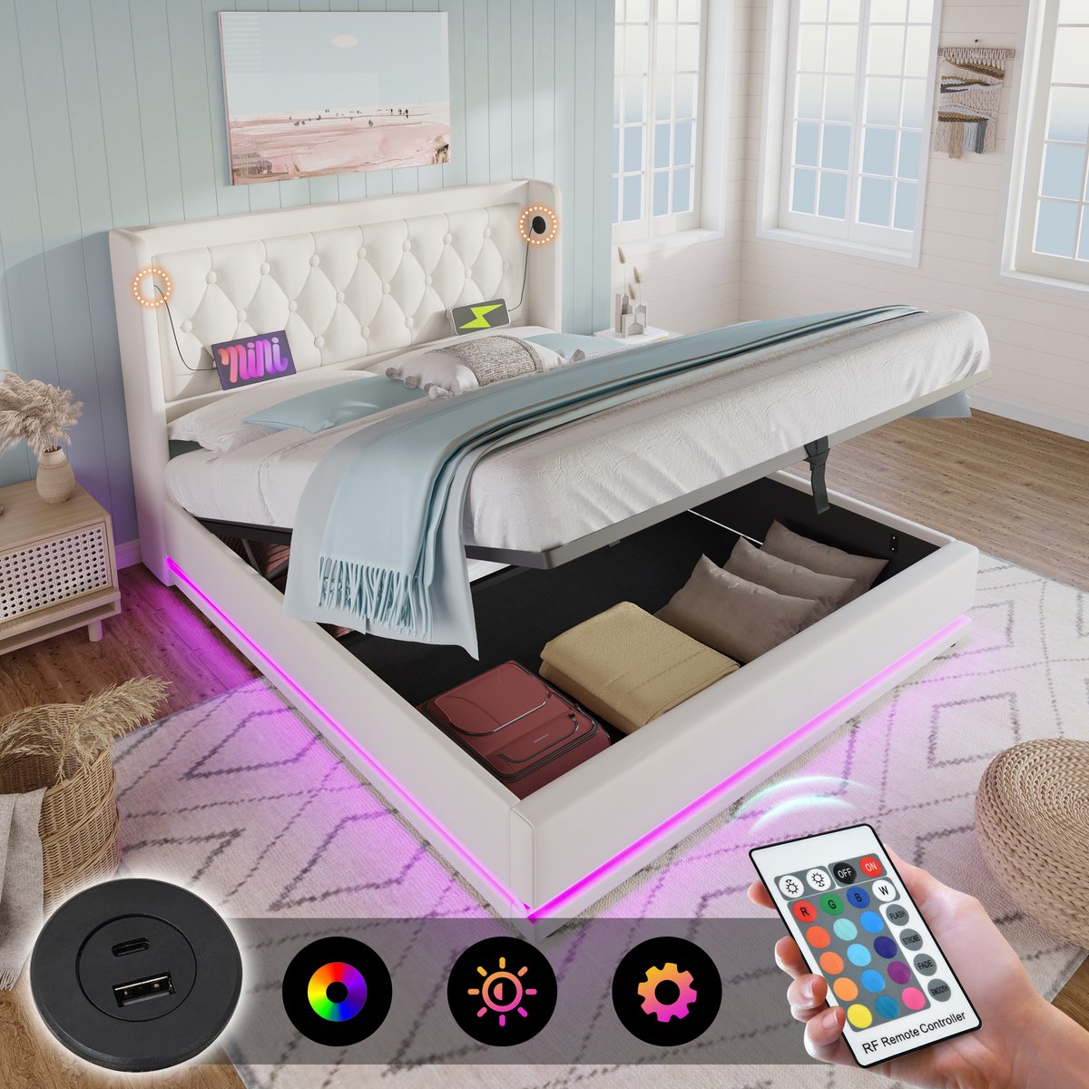 Bedframe - 180x200 Cm - Bed - Met Lattenbodem - Met Opbergruimte - LED - USB C - Wit - Zonder Matras