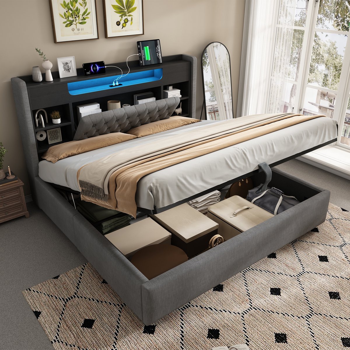 Bedframe - 140x190 Cm - Bed - Met Opbergruimte - LED - USB C - Grijs - Zonder Matras