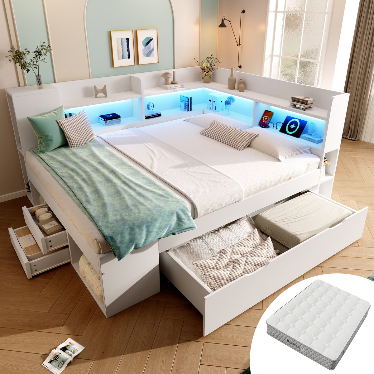 Bedbank - 140x200 Cm - Bed - Met Lattenbodem - Met Opbergruimte - LED - USB C - Wit - Met Matras