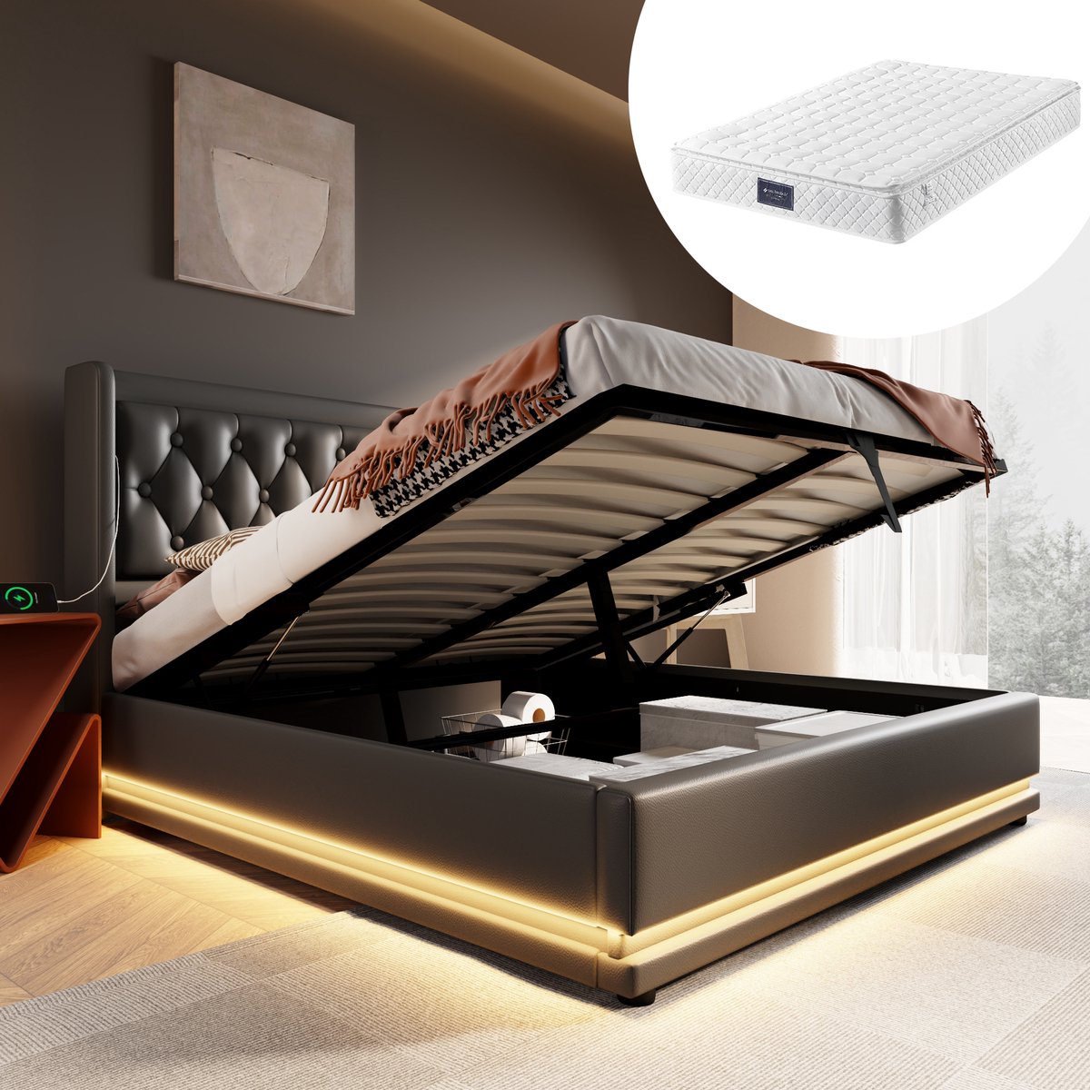 Bedframe - 140x200 Cm - Bed - Met Lattenbodem - Met Opbergruimte - LED - USB C - Zwart - Met Matras