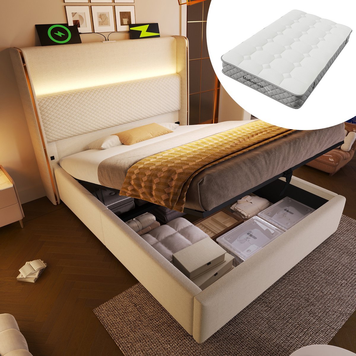 Bedframe - 90x200 Cm - Bed - Met Lattenbodem - Met Opbergruimte - LED - USB C - Beige - Met Matras