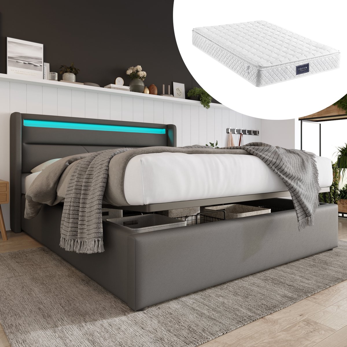 Bedframe - 160x200 Cm - Bed - Met Lattenbodem - Met Opbergruimte - LED - Grijs - Met Matras