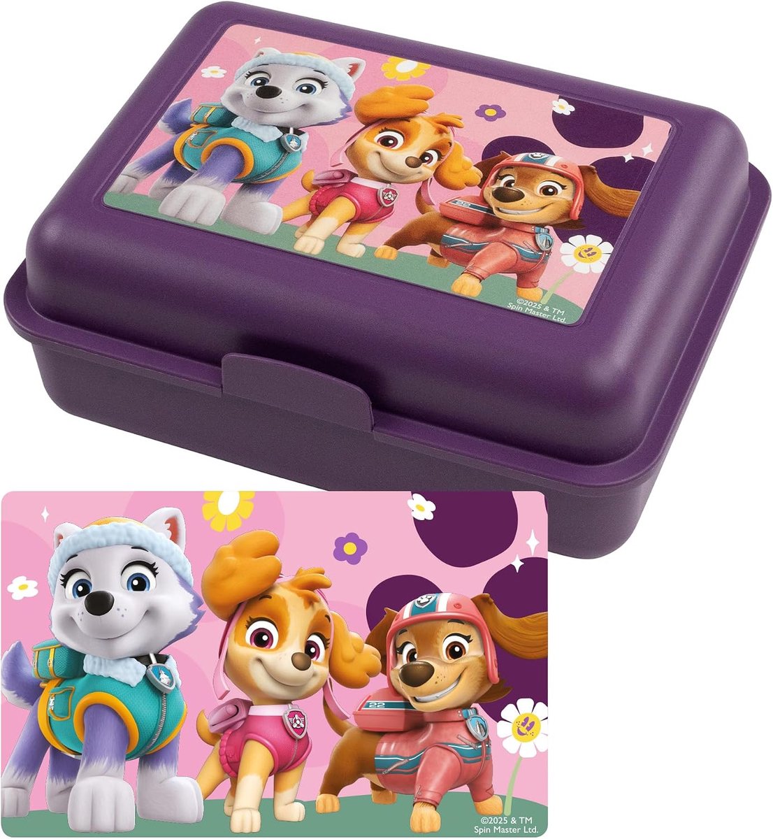 Labels Paw Patrol broodtrommel, Skye, Everest en Zuma lunchbox, boterbroodtrommel met scheidingswand, paars