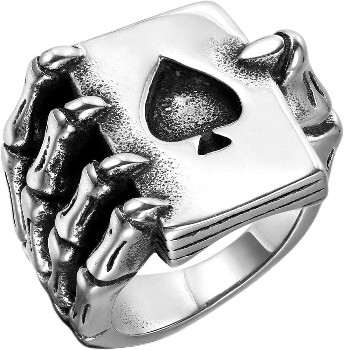 Herenring, duimring, zegelring, biker, zilver, speelkaart, Pik-Ass Spades A Poker kaarten, doodskop, schedel, hand, herenaccessoires, roestvrij staal