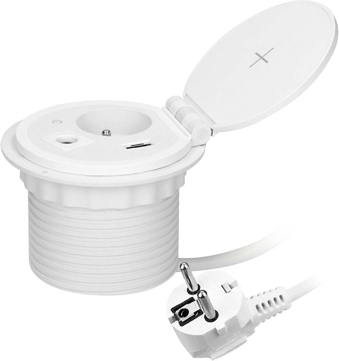 Werkblad Stekkerdoos Ø 8 cm met Inductielader 2 USB-poorten (A, C) 1,8 m kabel met wartel (Wit)