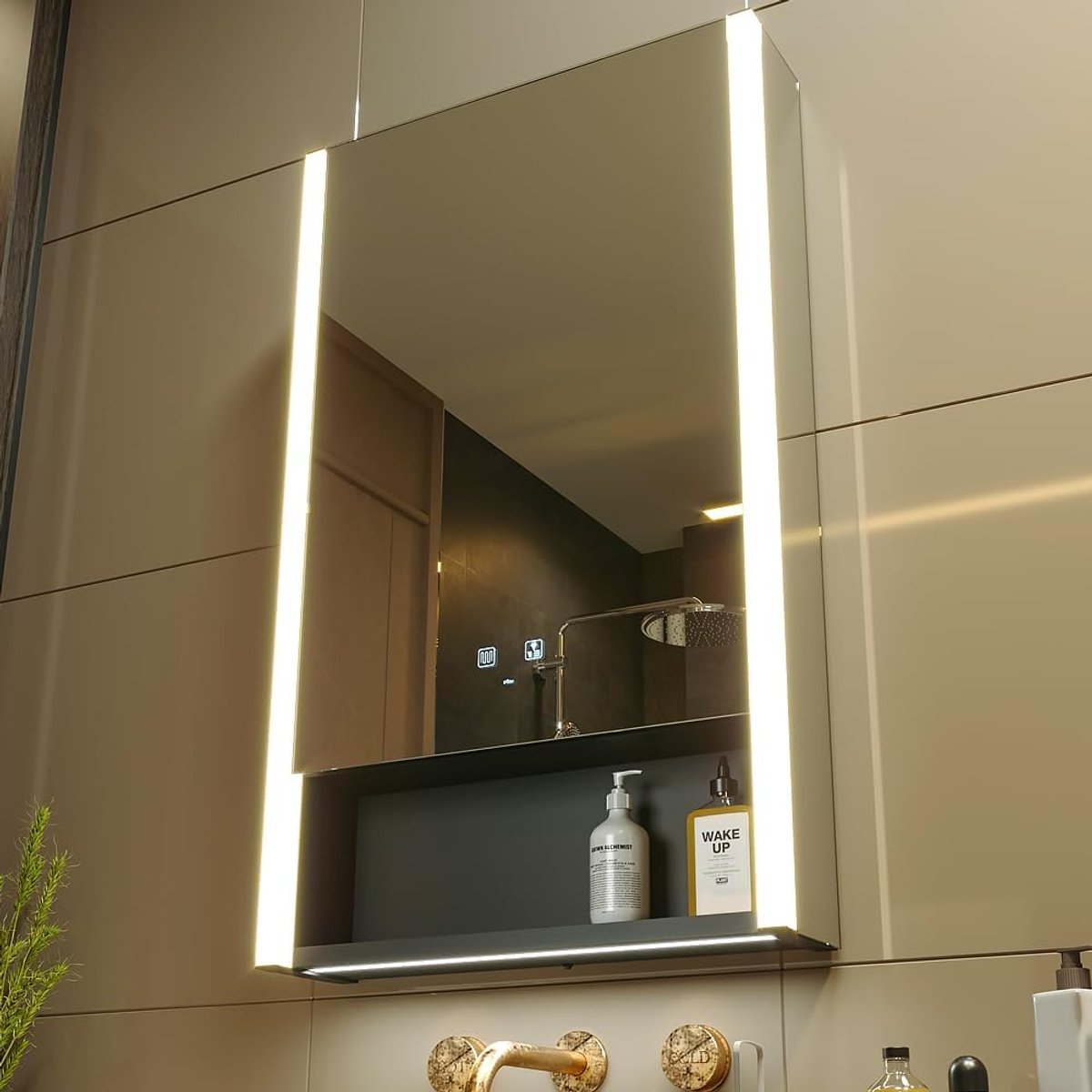 Led-verlichte badkamerkast met spiegel, kleurtemperatuur instelbaar, anti-condens, dimbare lampen, stopcontacten voor USB (55 x 80 cm)