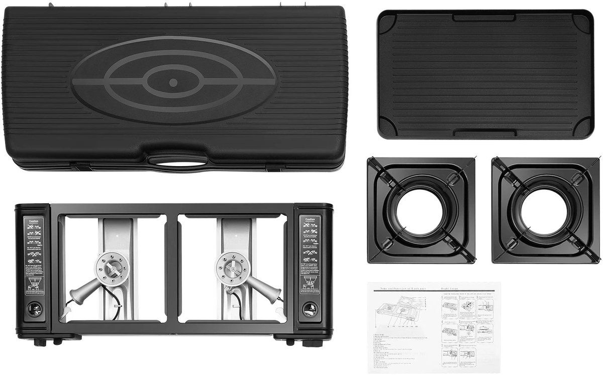 Seth Select Camping kooktoestel - Camping brander - Gasbrander - Gasstel Camping 2 pits - Draagbaar - Met Bakplaat en tas