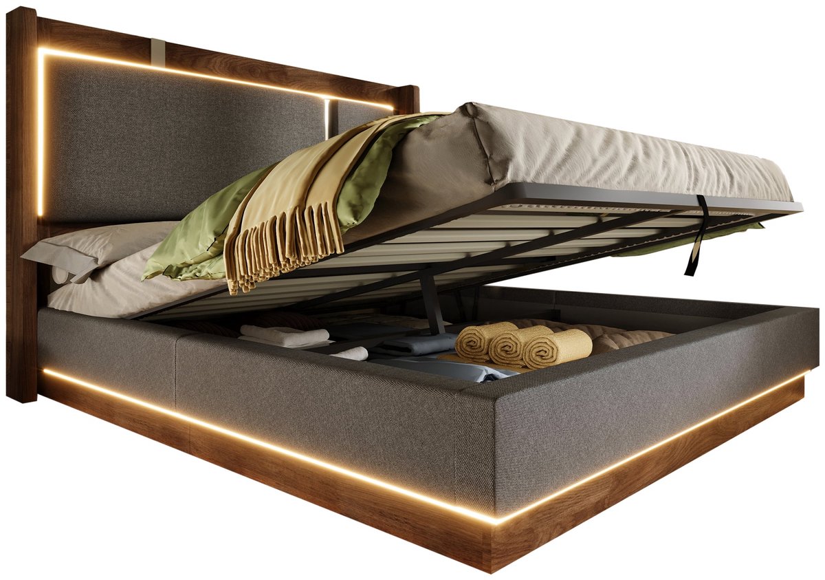 Merax Gestoffeerd Bed 140 x 200 cm - Bed Met Opbergruimte - Hydraulisch Hefmechanisme - LED Verlichting - Linnen - Grijs - Walnoot