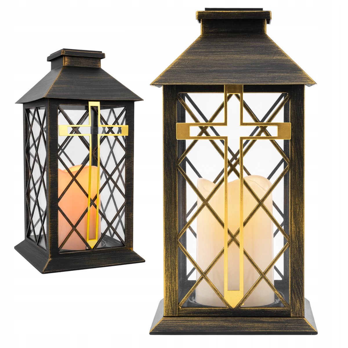 Zonneflitser Graf Lantaarn LED Goud Kruis Kaars Grafsteen Decoratie