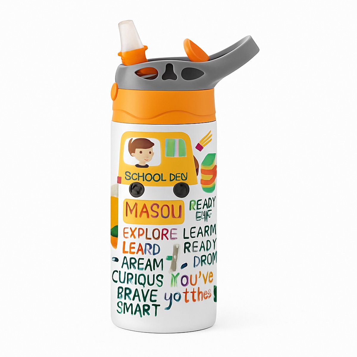 Kleurrijke Popart Drinkfles – Vrolijke Fles voor Creatieve Geesten en Kunstfans - Waterfles voor kinderen (wit/oranje)