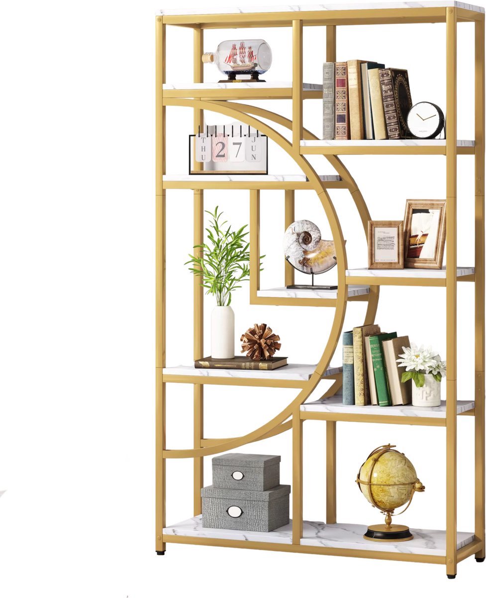 Boekenkast Goud - Metaal, 8 Lagen en Marmerlook en Goud met Stijlvol Boekenrek Metaal - Voor Woonkamer