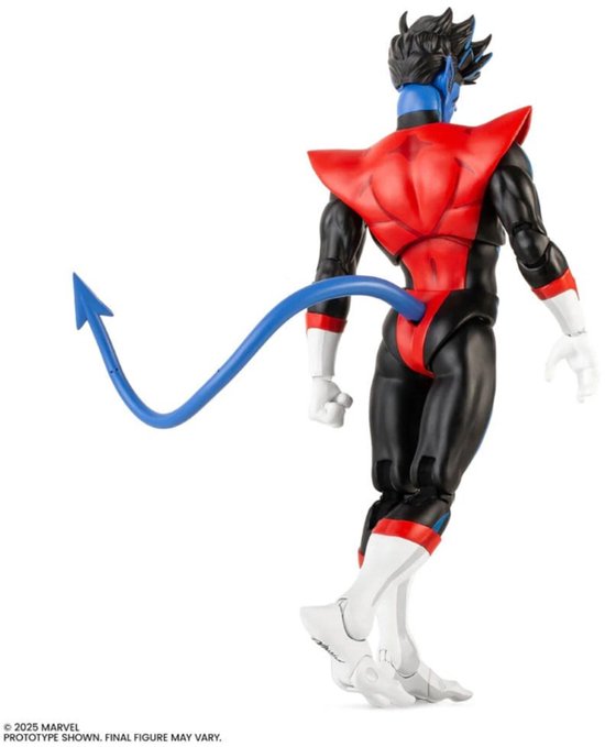 Nightcrawler met blauwe huid, zwart en rood pak, staand met blauwe staart.
