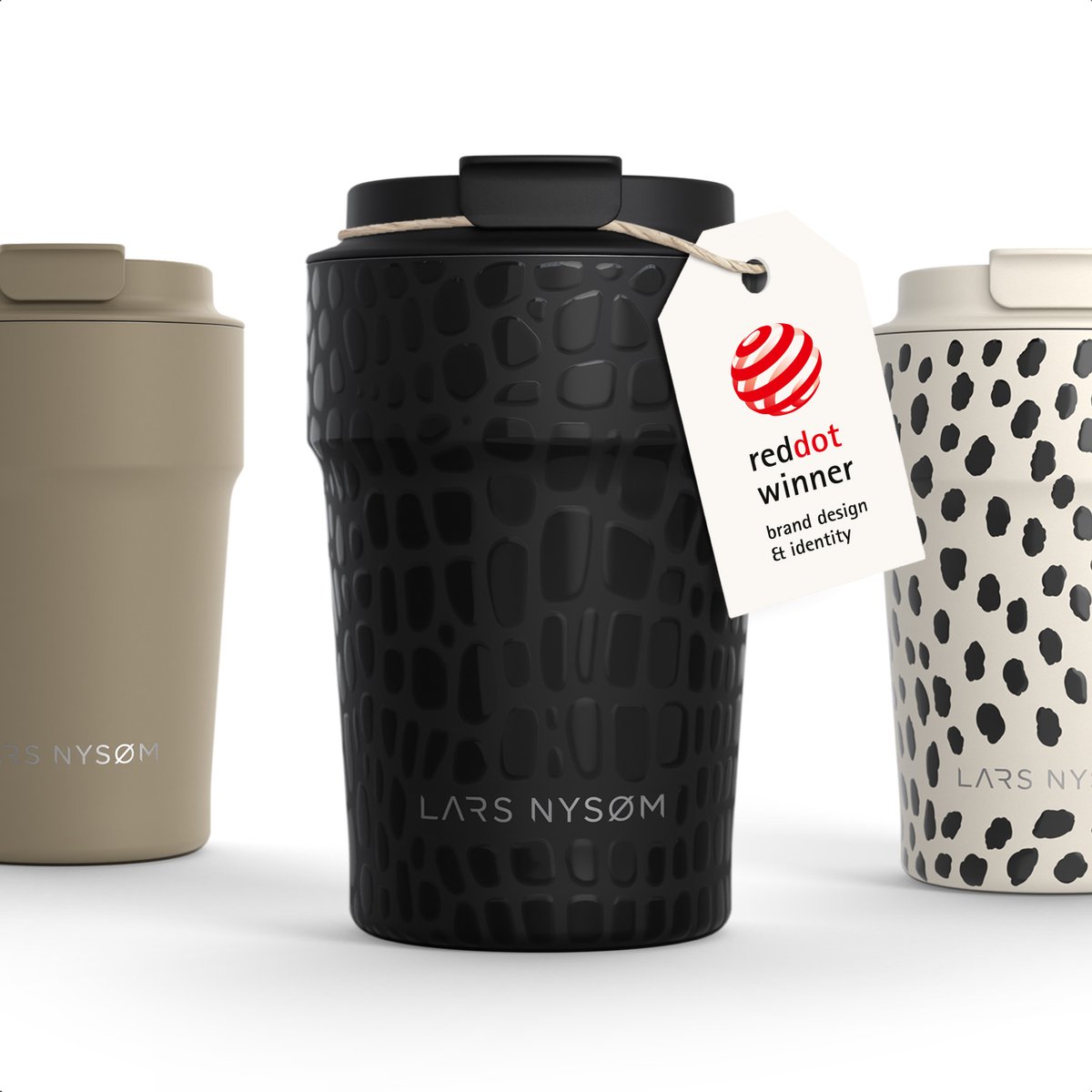 LARS NYSØM Bevægelse Thermos Coffee Mug-to-go 380ml - BPA-vrij met Isolatie - Lekvrije Roestvrijstalen Thermosbeker (Carbon Black/Crocodile/Gloss)