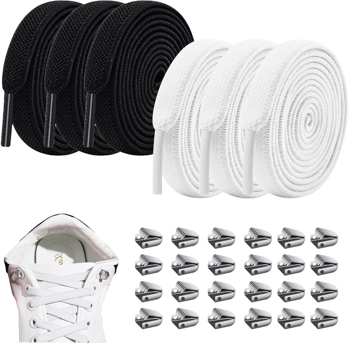 Elastische veters voor sportschoenen, 8 mm breed, platte veters met metalen sluiting, 100 cm, ideaal voor laarzen en sneakers, zwart en wit