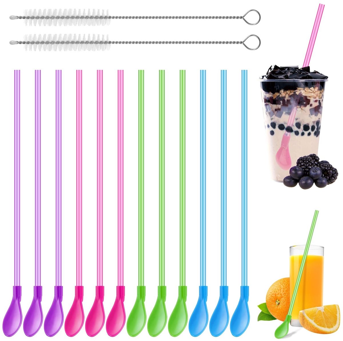 Dailygoods - 12 Stuks Rietlepels - Herbruikbare Plastic Rietjes met Lepel