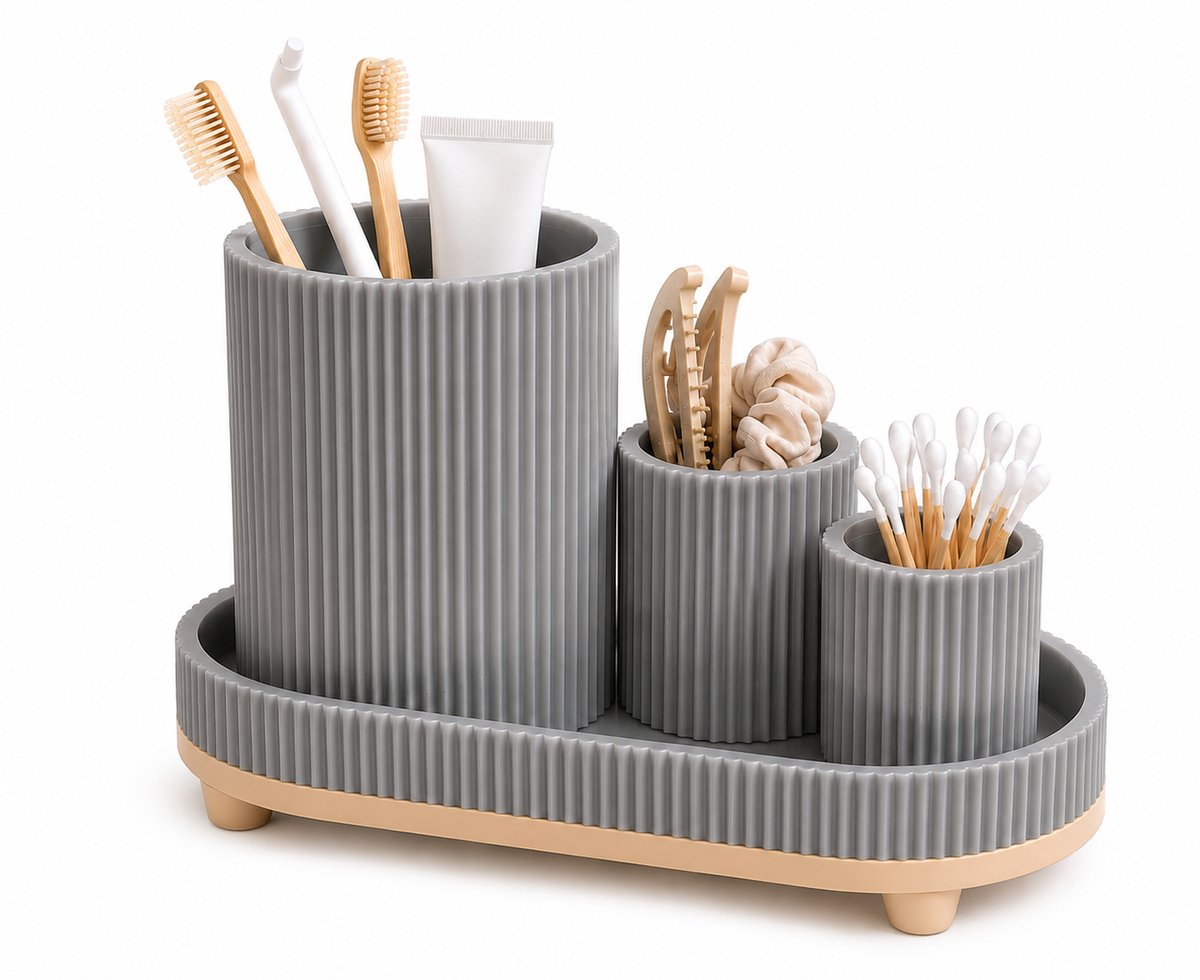 Badkamer Organizer Set – Tandenborstelhouder, Wattenstaafhouder & Opbergbakje