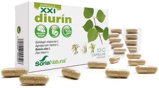 Doos met Soria Natural Diurin XXI capsules, met plantenillustraties en capsules verspreid.