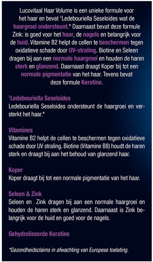 Gedetailleerde productinformatie over Lucovitaal Haar Volume, met ingrediënten en claims.