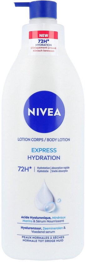 Witte NIVEA Express bodylotion fles met blauwe dop, met '72H Hydration' en druppel-illustratie.