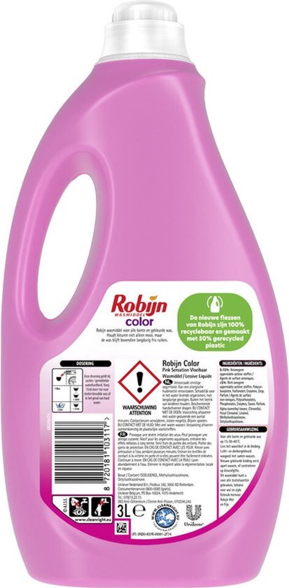 Arrière de la bouteille rose de lessive Robijn Color Pink Sensation avec informations sur le recyclage et avertissements.
