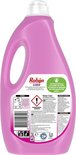Arrière de la bouteille rose de lessive Robijn Color Pink Sensation avec informations sur le recyclage et avertissements.