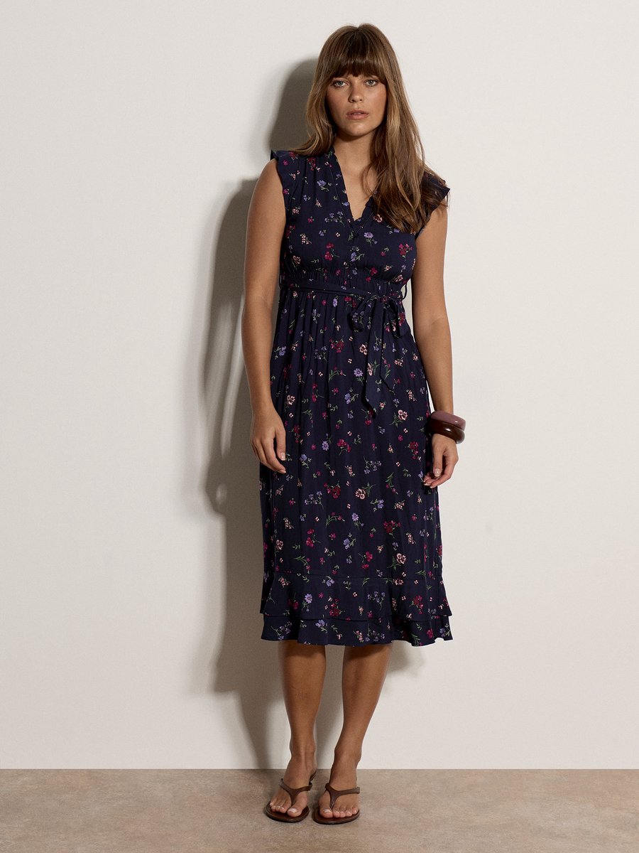 Midi-jurk met kleine bloemenprint en ruches