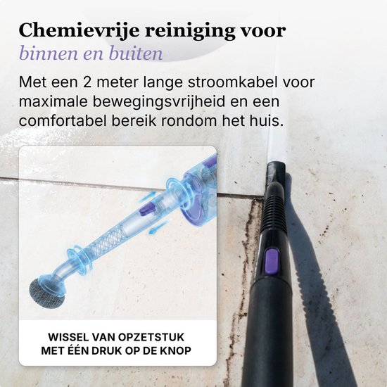 Close-up van de stoomreinigerkop die stoom afgeeft op een buitenvloer. Tekening van interne werking.