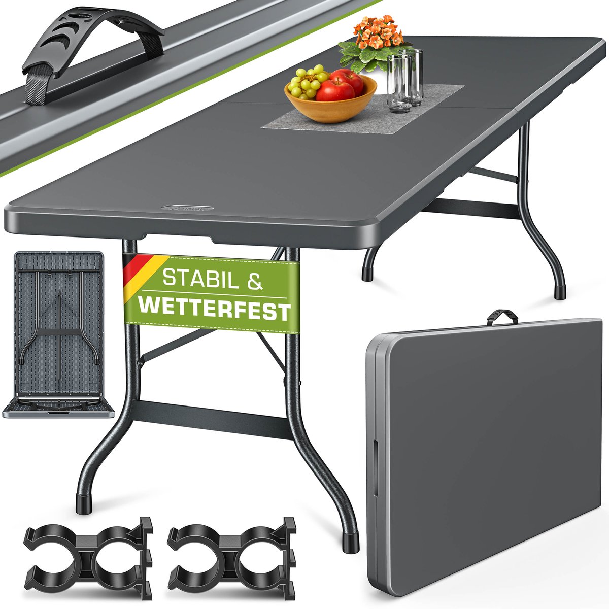 tillvex Tuintafel, inklapbaar, kunststof, 180 x 75 cm, buffettafel met draaggreep, klaptafel voor tuin, terras en balkon, campingtafel voor 8 personen